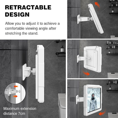 MoKo Shower Tablet Holder, Stretchable Waterproof iPad Holder Fit All Devices Up to 11", 360° Rotation Tablet Wall Mount Holder with Anti-Fog Touchable Screen, 2 Placement Modes, for Bathroom Kitchen
