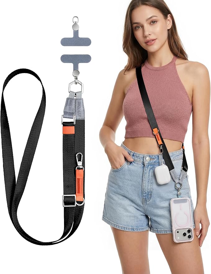 Phone Lanyard Crossbody with 2 Phone Tabs, Adjustable Anti Theft Phone Strap for iPhone & Android, Universal Skin-Friendly Cell Phone Neck Lanyard for Travel Hiking Cycling Shopping (Black)