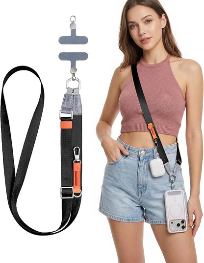 Phone Lanyard Crossbody with 2 Phone Tabs, Adjustable Anti Theft Phone Strap for iPhone & Android, Universal Skin-Friendly Cell Phone Neck Lanyard for Travel Hiking Cycling Shopping (Black)