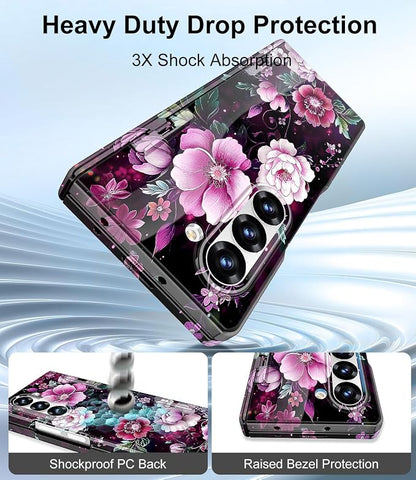 Btscase for Samsung Galaxy Z Fold 6 Case,Built in Front Screen Protector,Gold Glitter Marble Pattern Hard PC Slim Shockproof Full Body Drop Protective Case for Galaxy Z Fold 6 5G, Purple Red