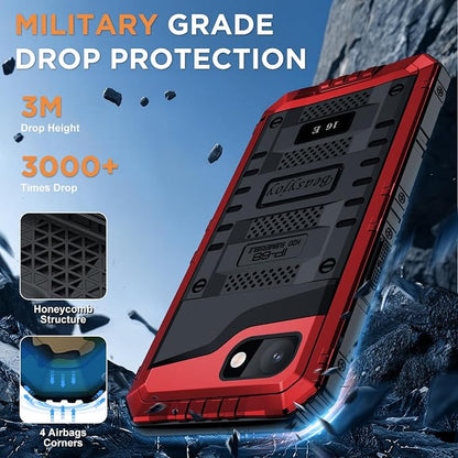 Beasyjoy for iPhone 16e Case/iPhone 17e Case Waterproof, Metal Heavy Duty Full Body Protective Case with Built-in Screen Protector, Military Grade Shockproof Cover for iPhone 16e/17e 6.1", Red