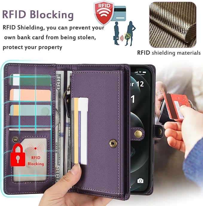 for Wallet Case Compatible with iPhone 12 Pro Max,Multi-Function Detachable 2 in 1 Magnetic iPhone 12 Pro Max Case Wallet,Flip Strap Zipper Card Holder Phone Case with Shoulder Straps (Pruple)