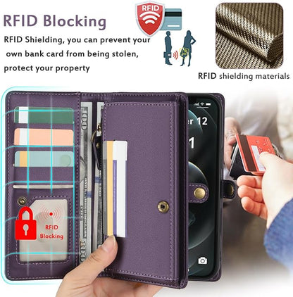 for Wallet Case Compatible with iPhone 12 Pro Max,Multi-Function Detachable 2 in 1 Magnetic iPhone 12 Pro Max Case Wallet,Flip Strap Zipper Card Holder Phone Case with Shoulder Straps (Pruple)
