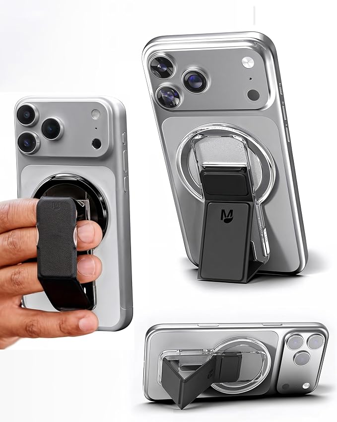 CLCKR for MagSafe Phone Grip for MagSafe Kickstand Compatible with Mag Safe Finger Loop for Mag Safe iPhone 17/16/15/14/13/12 Series, 3-in-1 Phone Ring Holder Strap for Samsung S25/S24/S23, Black