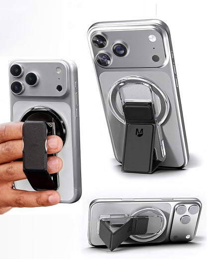 CLCKR for MagSafe Phone Grip for MagSafe Kickstand Compatible with Mag Safe Finger Loop for Mag Safe iPhone 17/16/15/14/13/12 Series, 3-in-1 Phone Ring Holder Strap for Samsung S25/S24/S23, Black
