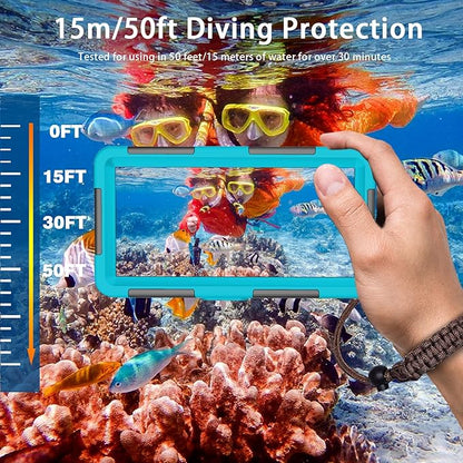 Underwater Phone Case for Snorkeling, [50ft/15M] Professional Deep Diving Waterproof Phone Case for iPhone 17-7 Pro/Pro Max/Plus/Mini, 16/17E, SE 2/3, Galaxy S10-S25 Plus/Ultra, A21-A56 [Blue]