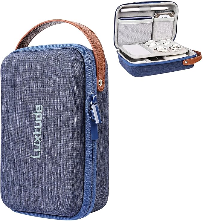 Luxtude Charger Organizer Travel Case, Portable Tech Organizers, Hard Shell Zipper Case for Electronics, Travel Essentials, Blue (External Size 8.5 x 5.9 x 2.5 Inch)