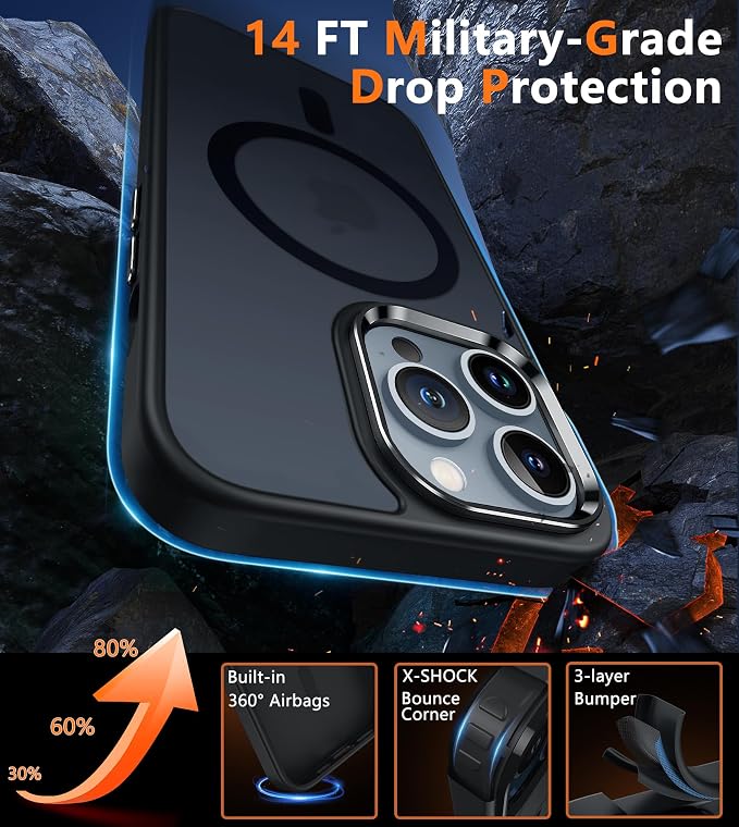 FNTCASE for iPhone 13 Pro Max Case: [Compatible with Magsafe] Translucent Matte Cases with [Screen Protector] Military Grade Shockproof Protective Phone Cover - Black