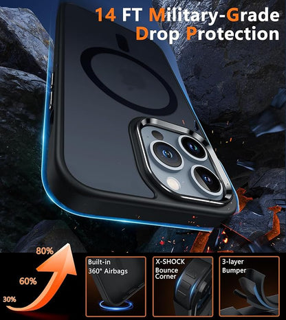 FNTCASE for iPhone 13 Pro Max Case: [Compatible with Magsafe] Translucent Matte Cases with [Screen Protector] Military Grade Shockproof Protective Phone Cover - Black