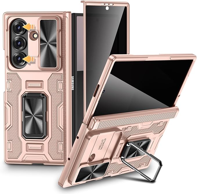 VEGO for Galaxy Z Fold 7 Case with Stand,Built-in Privacy Screen Protector | Slide Camera Cover & Hinge Protection Military Grade Shockproof Rugged Full Body Anti-Drop Case for Z Fold 7 2025-Rose Gold
