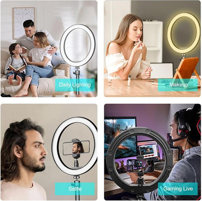 10" Selfie Ring Light with 10" Stand and 60" Selfie Stick, 3 Color Light Adjustment Suitable for Phones and Cameras, Makeup/Live Streaming/Taking Photos