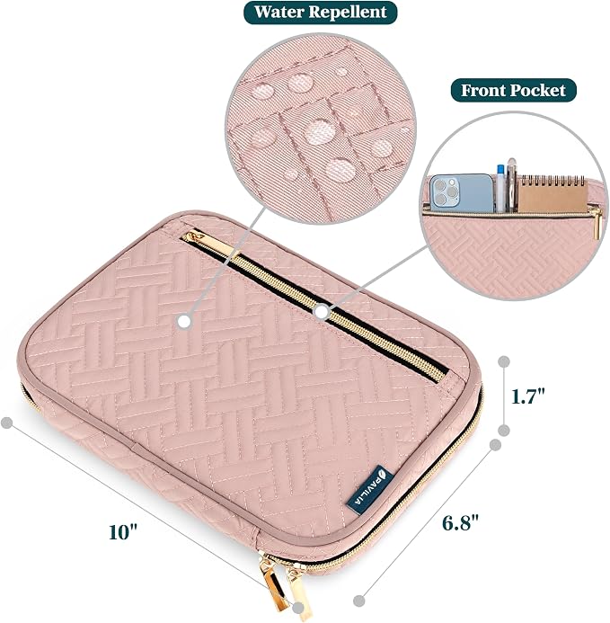 PAVILIA Travel Cord Organizer Case for Cables & Chargers, Pink Quilt | 10 x 6.8 x 1.7 in 600D water-repellent electronics bag pouch with 7 loops, 5 mesh pockets, front zip pocket and dual zippers