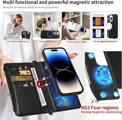 for iPhone 14 Pro Max(6.7 inches) Magnetic Wallet Case with Crossbody.Compatible with Magsafe detachable Wallet Case with Card Holder.Multi-Function 2 in 1 flip shoulder Strap with Zipper Case