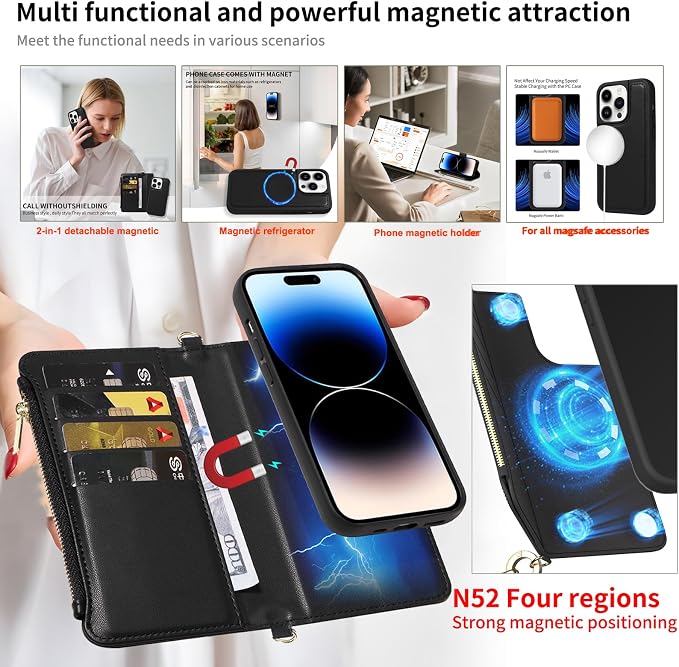 for iPhone 16 Pro Max(6.9 inches) Detachable Wallet Case with Crossbody.Multi-Function 2 in 1 Magnetic Wallet Case with Card Holder.Flip Strap Zipper Phone Case with Shoulder Straps Black