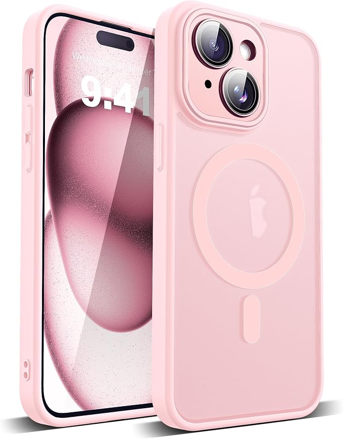 Compatible with iPhone 15 Case with Built-in Camera Lens Protectors Shockproof Translucent Magnetic iPhone 15 Phone Case 6.1" [Compatible with Mag-Safe][Great Grip Feeling], Pink