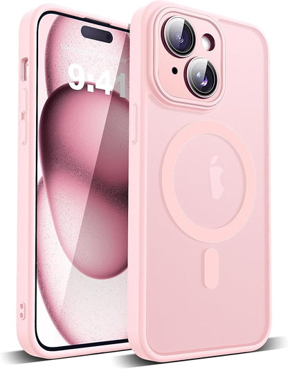Compatible with iPhone 15 Case with Built-in Camera Lens Protectors Shockproof Translucent Magnetic iPhone 15 Phone Case 6.1" [Compatible with Mag-Safe][Great Grip Feeling], Pink