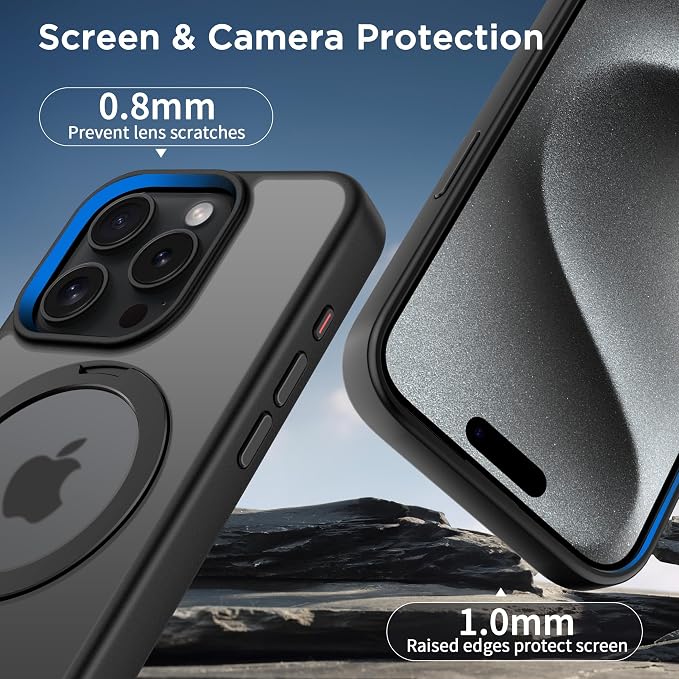 CACOE Magnetic Case for iPhone 15 Pro 6.1 inch with 360° Rotatable Ring Stand,Compatible with MagSafe Car Phone Mount,Cover Phone Holder for Desk Meeting Matte Black