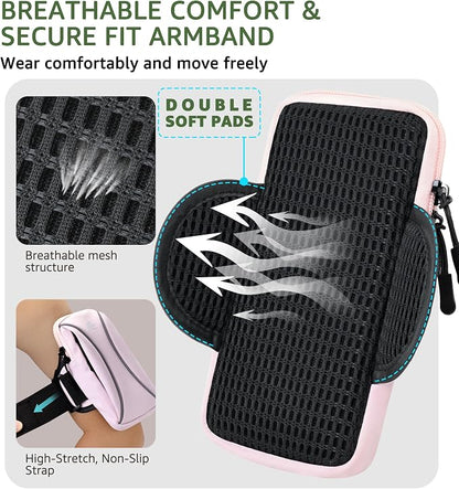 HiRui Arm Bag & Wrist Bag Phone Holder, Sports Running Armband for Gym, Cycling & Workout, Compatible with iPhone 17/16/15 Series, Samsung Galaxy & More, Reflective, Adjustable, Secure Fit (Pink)