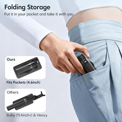 Magnetic Mini Selfie Stick for iPhone, 4 in 1 Portable Pocket Size Tripod for iPhone MagSafe/Android with Remote/Stepless Adjustable Fill Lights, Small/Compact Cell Phone Stand for Travel Vlog-Black