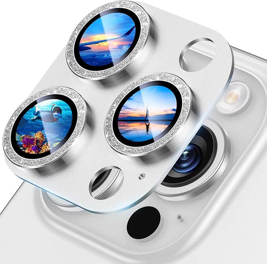 UniqueMe for iPhone 13 Pro/iPhone 13 Pro Max Camera Lens Protector, [Strong Drop Protection] [Not Easy to Fall-off] Metal Ring Tempered Glass Rear Camera Screen Cover - Sliver (Bling Circle)
