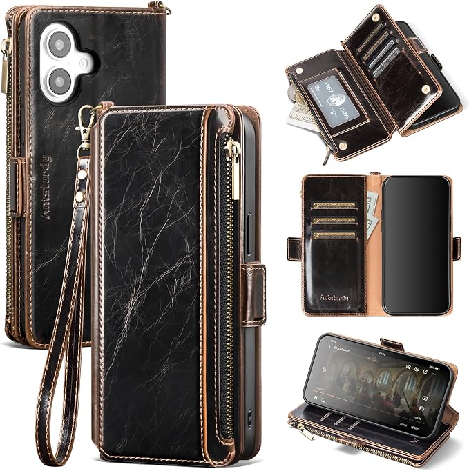 Antsturdy Compatible with iPhone 16 Plus Wallet Case,RFID Blocking PU Leather Phone Case Women Men Kickstand flip Cover Wrist Strap Zipper Credit Card Holder Slots for Apple 16 Plus 6.7",Coffee