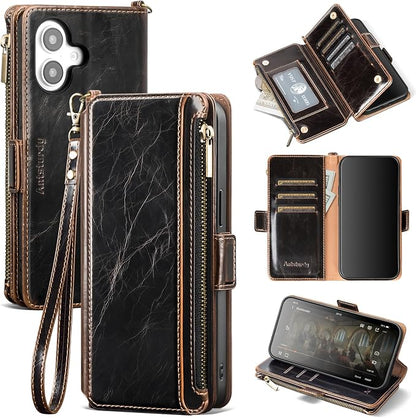 Antsturdy Compatible with iPhone 16 Plus Wallet Case,RFID Blocking PU Leather Phone Case Women Men Kickstand flip Cover Wrist Strap Zipper Credit Card Holder Slots for Apple 16 Plus 6.7",Coffee