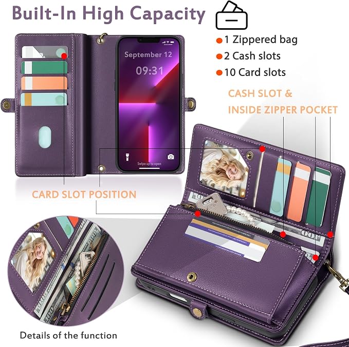 for Wallet Case Compatible with iPhone 13 Pro Max,Multi-Function Detachable 2 in 1 Magnetic iPhone 13 Pro Max Case Wallet,Flip Strap Zipper Card Holder Phone Case with Shoulder Straps (Pruple)