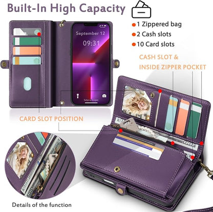 for Wallet Case Compatible with iPhone 13 Pro Max,Multi-Function Detachable 2 in 1 Magnetic iPhone 13 Pro Max Case Wallet,Flip Strap Zipper Card Holder Phone Case with Shoulder Straps (Pruple)