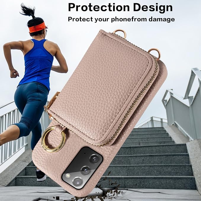 Wallet Case for Samsung Galaxy Note 20 5G with Shoulder Strap Ring Buckle, PU Leather Zipper Flip Organ Purse, Card Holder Stand Phone Cover for Note20 Notes 20s Twenty Not S20 Women Men Khaki
