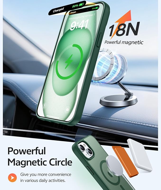 FNTCASE for iPhone 15 Case: for iPhone 14 Case & iPhone 13 Case [Compatible with Magsafe] Translucent Matte Cases with [Screen Protector] Military Grade Shockproof Protective Phone Cover - Green
