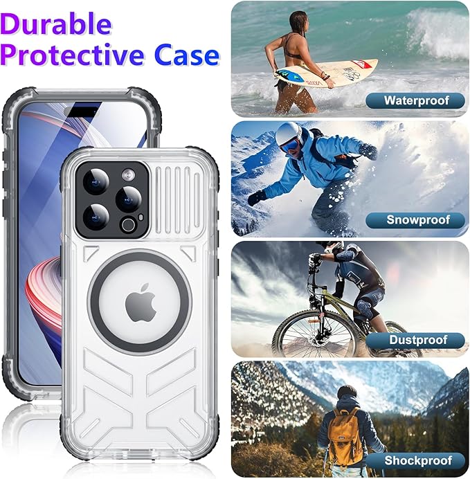 Temdan Magnetic for iPhone 15 Pro Case Waterproof,[Built-in Screen & Camera Protector][Full Body Shockproof][IP68 Underwater][Dustproof] Shockproof Phone Case for iPhone 15 Pro 6.1"-Black