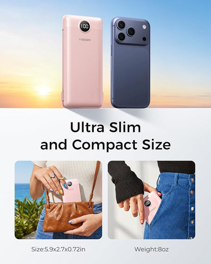 VEGER Portable Charger with Built-in AC Plug and Cables, All in One 10000mAh Ultra Slim Power Bank Travel Essentials, USB C External Battery Pack Compatible with iPhone, Samsung, More, Crepe