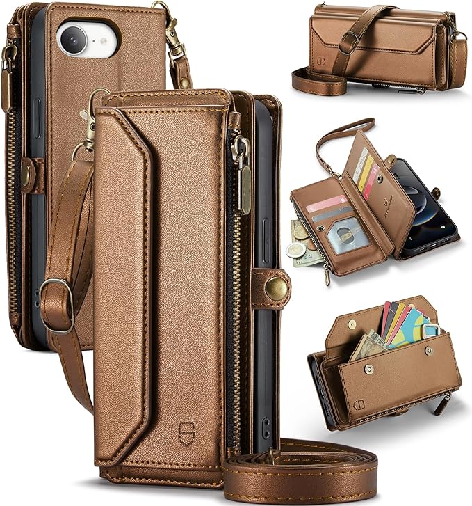 Strapurs Crossbody Wallet Case Compatible with iPhone 17e / iPhone 16e RFID Blocking 7-Card Holder PU Leather Magnetic Snap Shoulder Strap Zipper Pocket Phone Cases for iPhone 17e / 16e - Brown