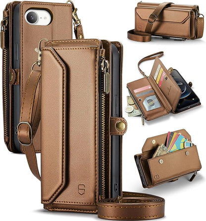 Strapurs Crossbody Wallet Case Compatible with iPhone 17e / iPhone 16e RFID Blocking 7-Card Holder PU Leather Magnetic Snap Shoulder Strap Zipper Pocket Phone Cases for iPhone 17e / 16e - Brown