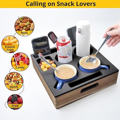 KindGa Couch Cup Holder, Waterproof Anti-Spill Couch Drink Holder for Snacks Beverage Remote, Food Grade Silicone Wooden Couch Caddy for Bed Car Seat Beach Tray (Black)
