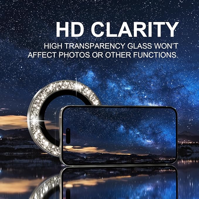 Choiche Compatible for iPhone 16 Pro/iPhone 16 Pro Max Camera Lens Protector Bling, 9H Tempered Glass Camera Cover Screen Protector Metal Ring Decoration Accessories(Glitter-Titanium Natural)
