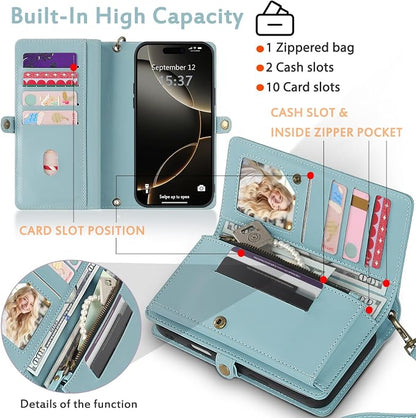 for Wallet Case Compatible with iPhone 16 Pro,Multi-Function Detachable 2 in 1 Magnetic iPhone 16 Pro Wallet,Flip Strap Zipper Card Holder Phone Case with Shoulder Straps (Blue)
