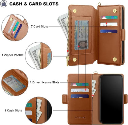 Antsturdy Compatible with iPhone 12 Wallet Case,RFID Blocking PU Leather Phone Case Women Men Kickstand Flip Cover Wrist Strap Zipper Credit Card Holder Slots,for Apple 12 Pro 6.1",Light Brown