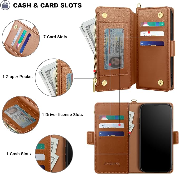 Antsturdy Compatible with iPhone 12 mini Wallet Case,RFID Blocking PU Leather Phone Case Women Men Kickstand Flip Cover Wrist Strap Zipper Credit Card Holder Slots,for Apple 12 mini,Light Brown