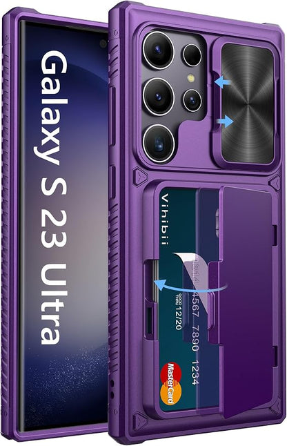 Vihibii for Samsung Galaxy S23 Ultra Case with Card Holder & Sliding Camera Cover & Kickstand, Shockproof Rugged Hard Back & TPU Edge Wallet Case for Galaxy S23 Ultra 5G 6.8" 2023, Dark Purple