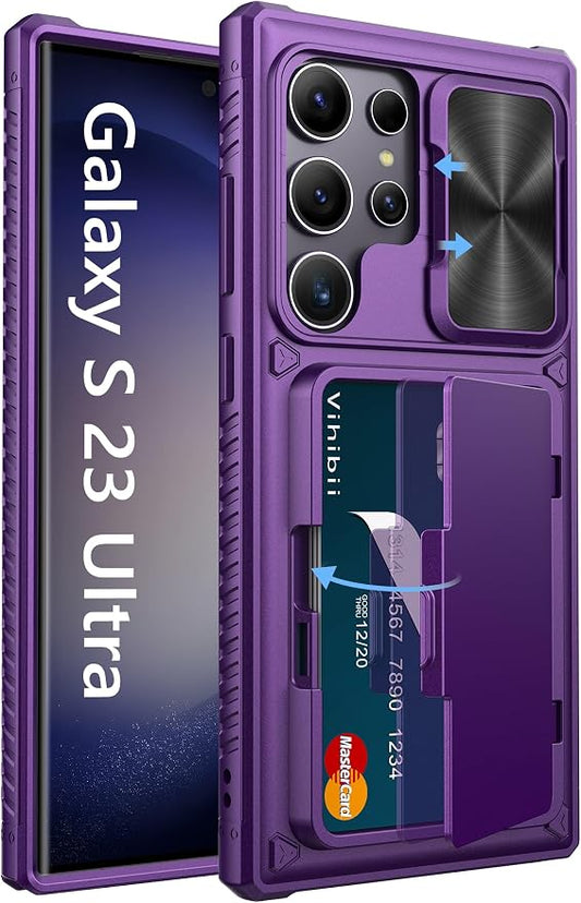 Vihibii for Samsung Galaxy S23 Ultra Case with Card Holder & Sliding Camera Cover & Kickstand, Shockproof Rugged Hard Back & TPU Edge Wallet Case for Galaxy S23 Ultra 5G 6.8" 2023, Dark Purple