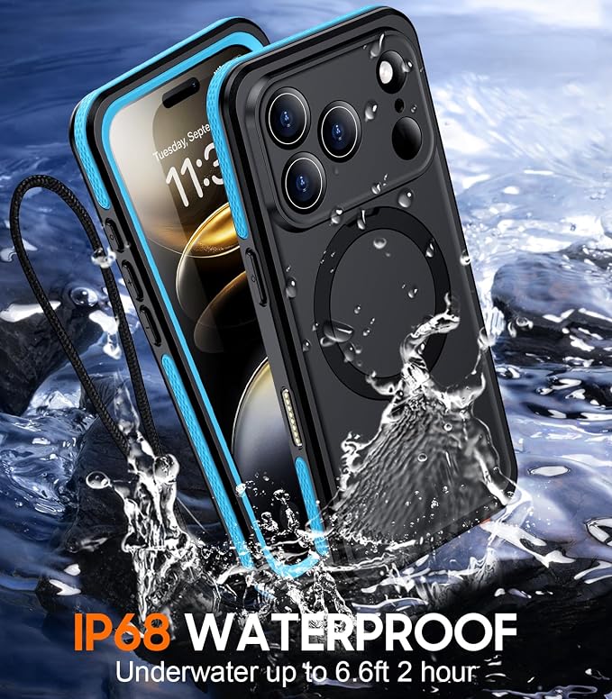 Temdan Magnetic Compatible with iPhone 17 Pro Max Case,Waterproof Built-in Screen & Camera Protector IP68 Underwater Full Body 17FT Military Dropproof Shockproof Phone Case 6.9"-Blue/Black