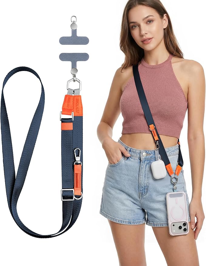 Phone Lanyard Crossbody with 2 Phone Tabs, Adjustable Anti Theft Phone Strap for iPhone & Android, Universal Skin-Friendly Cell Phone Neck Lanyard for Travel Hiking Cycling Shopping (Blue)