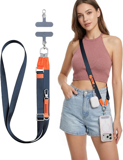 Phone Lanyard Crossbody with 2 Phone Tabs, Adjustable Anti Theft Phone Strap for iPhone & Android, Universal Skin-Friendly Cell Phone Neck Lanyard for Travel Hiking Cycling Shopping (Blue)