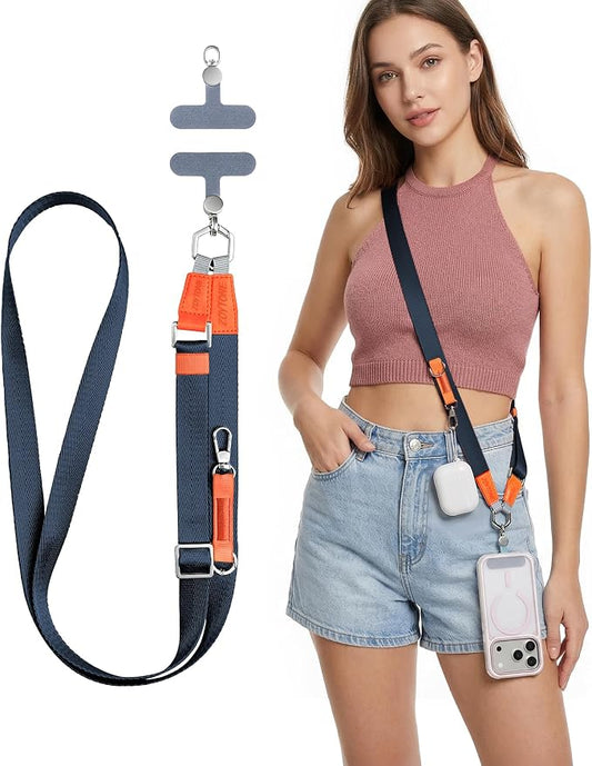 Phone Lanyard Crossbody with 2 Phone Tabs, Adjustable Anti Theft Phone Strap for iPhone & Android, Universal Skin-Friendly Cell Phone Neck Lanyard for Travel Hiking Cycling Shopping (Blue)