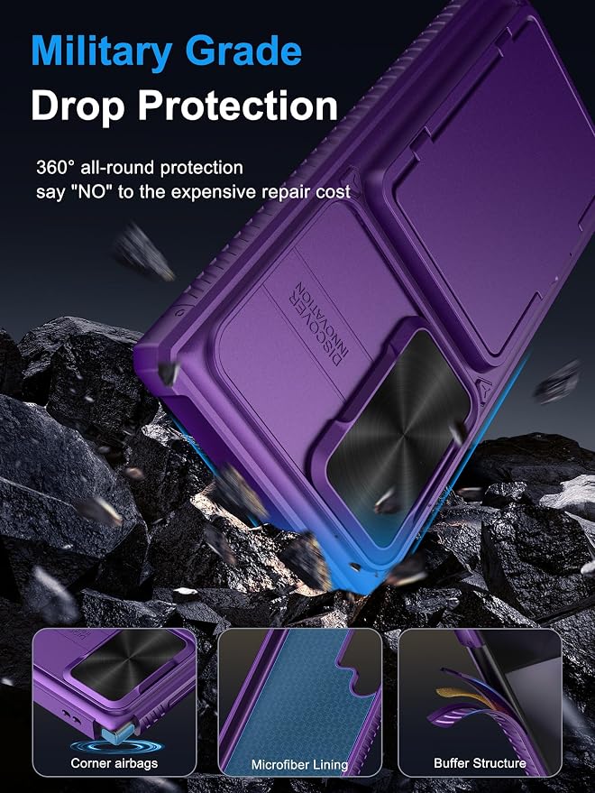 Vihibii for Samsung Galaxy S23 Ultra Case with Card Holder & Sliding Camera Cover & Kickstand, Shockproof Rugged Hard Back & TPU Edge Wallet Case for Galaxy S23 Ultra 5G 6.8" 2023, Dark Purple