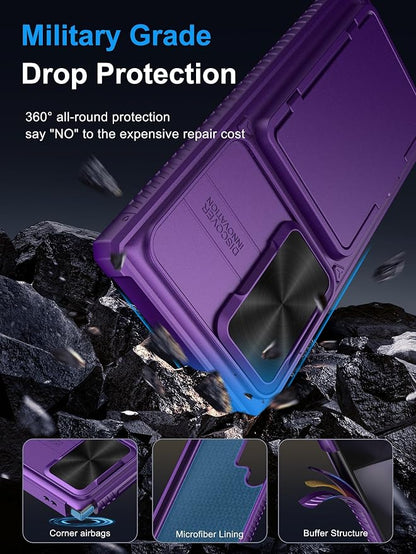 Vihibii for Samsung Galaxy S23 Ultra Case with Card Holder & Sliding Camera Cover & Kickstand, Shockproof Rugged Hard Back & TPU Edge Wallet Case for Galaxy S23 Ultra 5G 6.8" 2023, Dark Purple