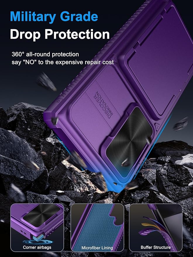 Vihibii for Samsung Galaxy S23 Ultra Case with Card Holder (4 Cards), Built-in 2X Tempered Glass Screen Protector & Slide Lens Cover & Stand, Rugged & Shockproof Phone Case for S23 Ultra, Dark Purple