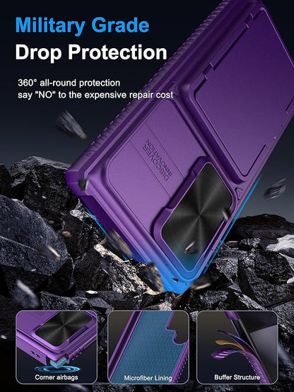 Vihibii for Samsung Galaxy S23 Ultra Case with Card Holder (4 Cards), Built-in 2X Tempered Glass Screen Protector & Slide Lens Cover & Stand, Rugged & Shockproof Phone Case for S23 Ultra, Dark Purple