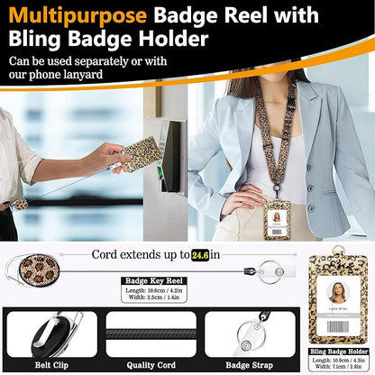 Azrra Adjustable Crossbody Cell Phone Lanyard for iPhone with Phone Tethers & Retractable ID Badge Card Holder (Leopard Print)